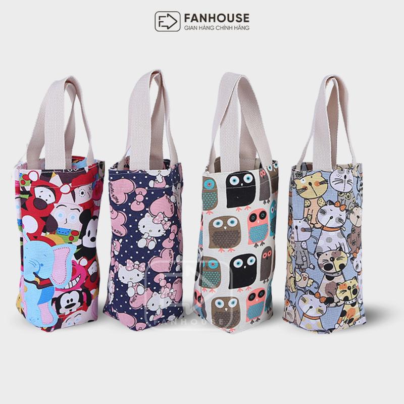 Túi đựng bình, ly giữ nhiệt hoạt hình Fan House, túi vải Canvas bảo vệ bình