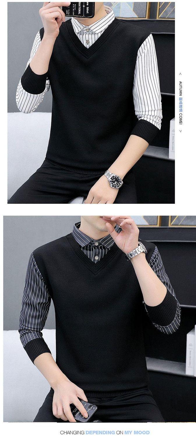 Product Introduction of Not Fleece-lined/Fleece-lined Autumn and Winter Men's Youth Top Sweater Warm Thickened Sweater Fake Two Pieces Shirts Men 6