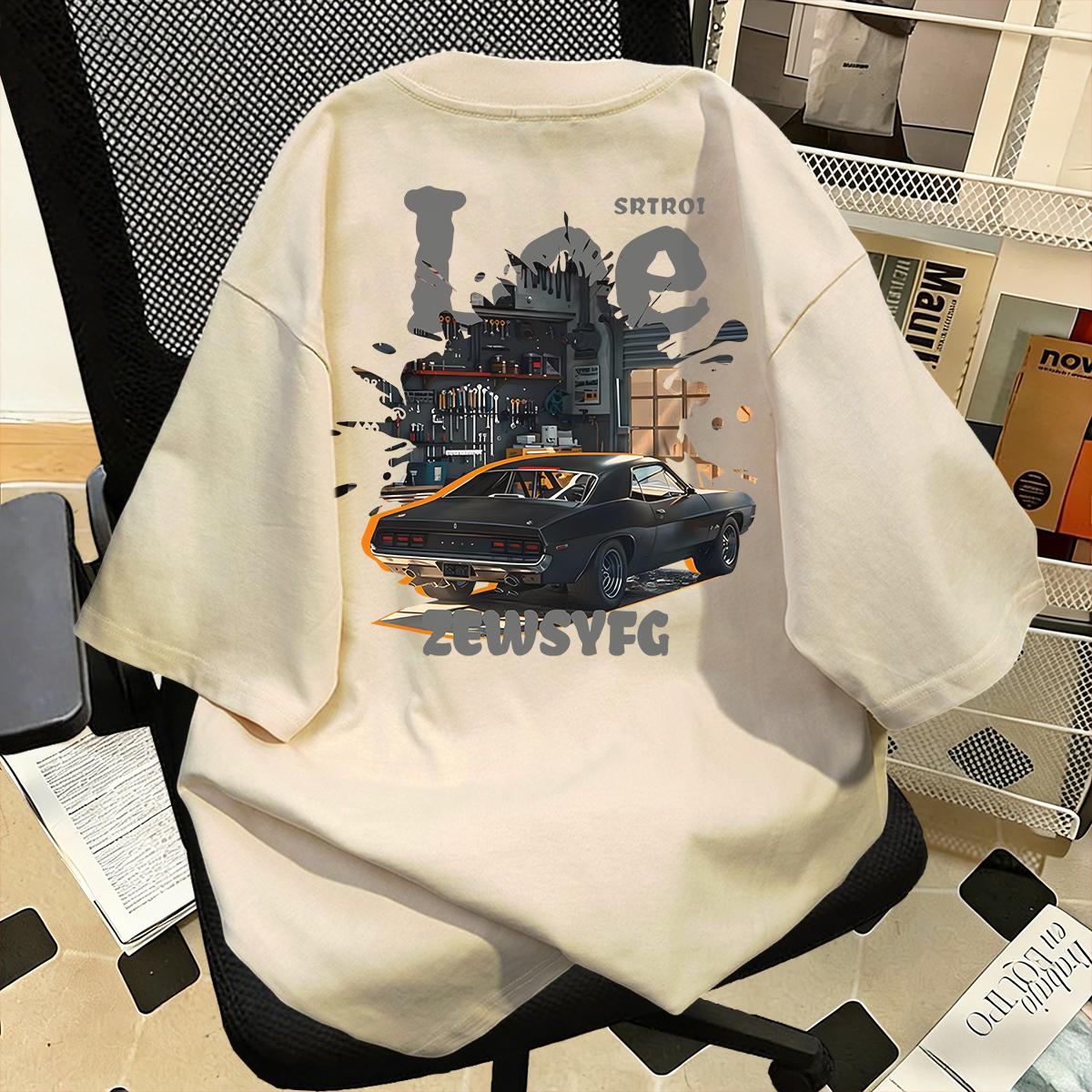 100% Katun Gaya Pakaian Kerja Retro Amerika, Kaos Lengan Pendek Motif Mobil Otot Retro, Garasi, Longgar, Kasual, Kerah Bulat, Unisex