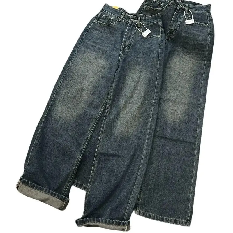 (RITA JEAN)A1 Quần Jean Nữ Ống Rộng Lưng Cao Trơn QC Mềm Lai Cuốn Màu Xanh Dài 104cm Rita Pants Women Denim 4