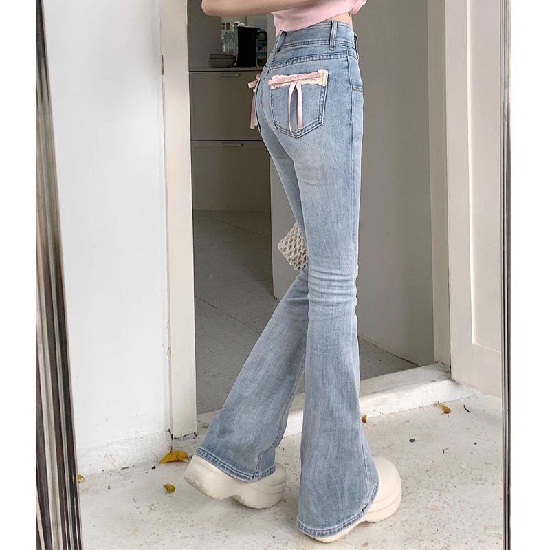 Product Introduction of Quần Dài Jean Mỏng, Dành Cho Phụ Nữ, Phong Cách Cô Gái Nóng Bỏng, Thắt Nơ Và Khâu, Cạp Cao Nhỏ Quần Cánh Bướm Thẳng, 145 Cỡ Women Pants 14