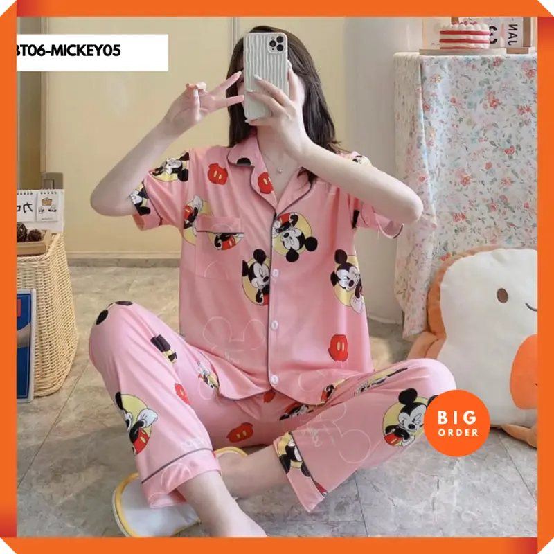 TERSEDIA Set Baju Tidur Piyama Model Korea Kemeja Lengan Pendek Celana Panjang PART 3 - BO - BT06 Fit Katun Lembut Motif 4