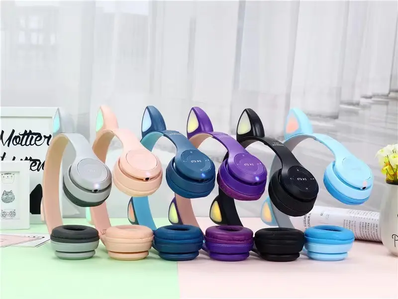 Headphone Headset Bando Bluetooth P47m Rgb Led Cat Earphone Wireless Stereo Bass Headset Gaming Buat Hp Headphone Anak Perempuan Earphones 7
