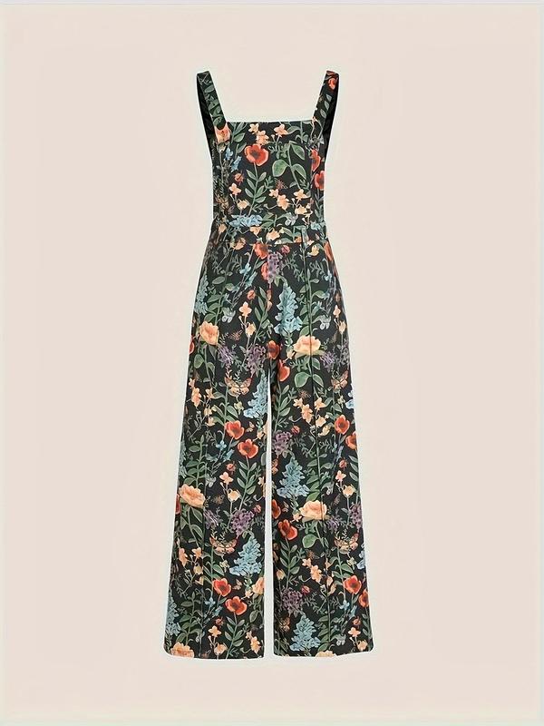 Casual Floral Split Joint Pocket Square Collar Regular Jumpsuits Casual Floral Split Joint Pocket Square Collar Regular Jumpsuits