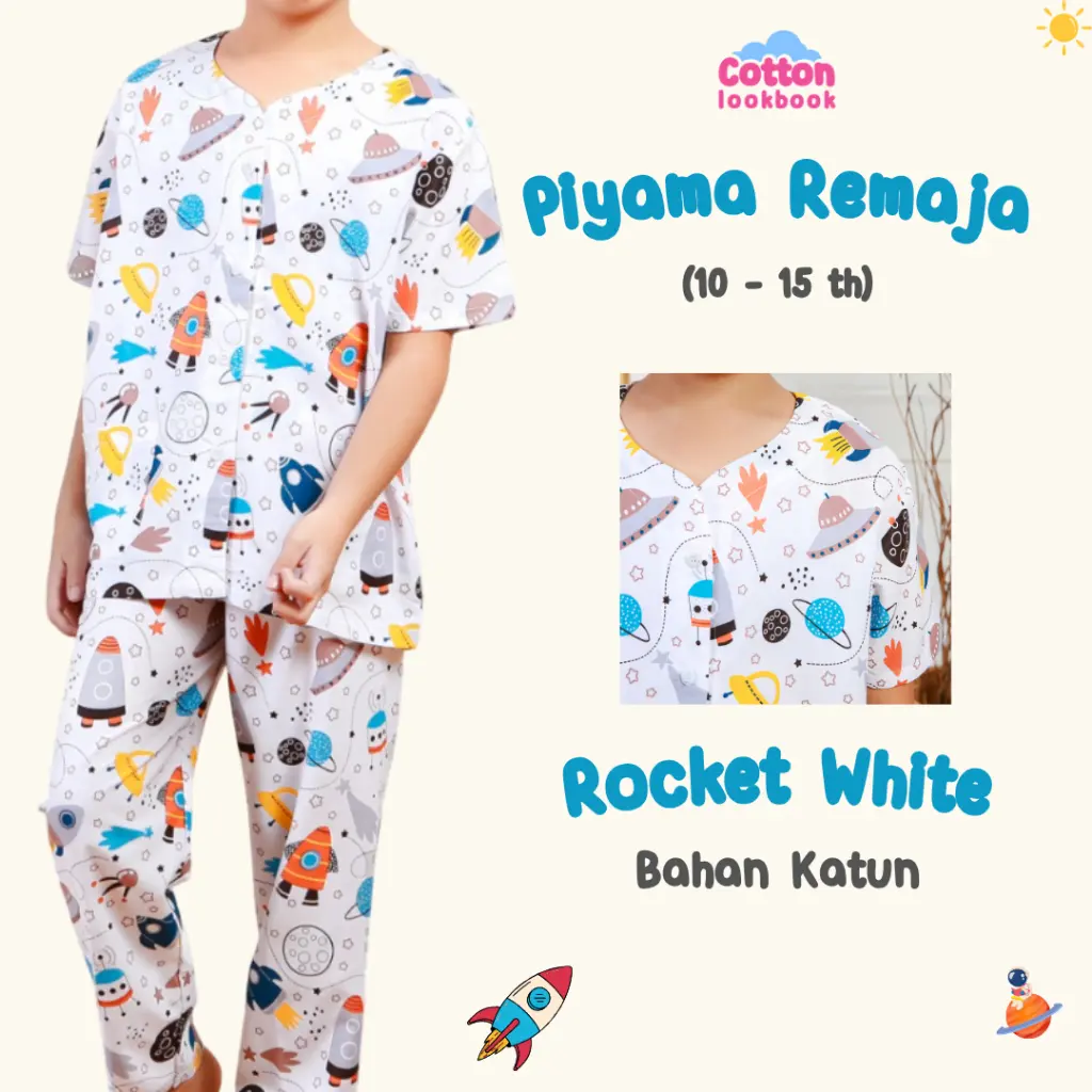 COTTON LOOKBOOK - PIYAMA REMAJA MOTIF ROCKET WHITE 10-15 TAHUN / SMP SIZE XL 10 11 12 13 14 15 TAHUN / BAJU TIDUR MOTIF ROCKET WHITE