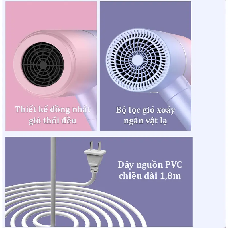 Máy Sấy Tóc Mini Gấp Gọn, Sấy Tạo Kiểu Tóc Chuyên Nghiệp Công Suất Lớn 1500W Bảo Hành 6 Tháng 2