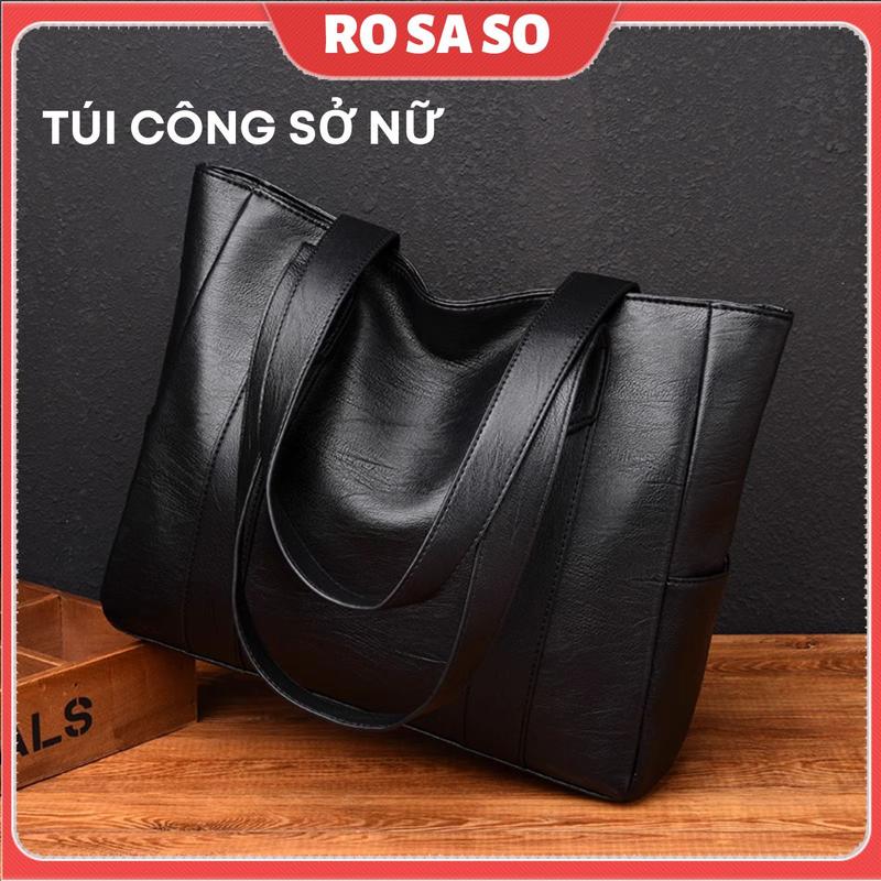  Túi xách nữ công sở đeo vai màu đen da PU bóng đẹp đi làm vừa laptop 15.6 inch size 42 cm ROSASO TX100 Bag Chữ Nhật Tote 