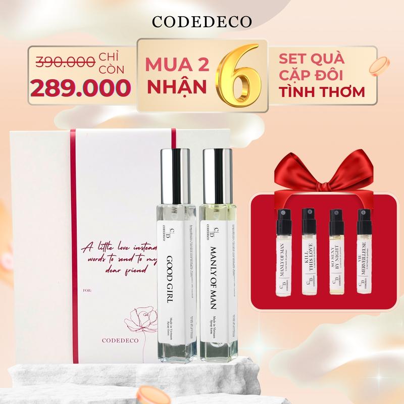 [SET QUÀ TÌNH THƠM] Tinh dầu nước hoa đôi CODEDECO 1 tinh dầu nước hoa nam và 1 tinh dầu nước hoa nữ 10ml dạng xịt + 4 vial mùi ngẫu nhiên 2.5ml Cosmetic Perfume