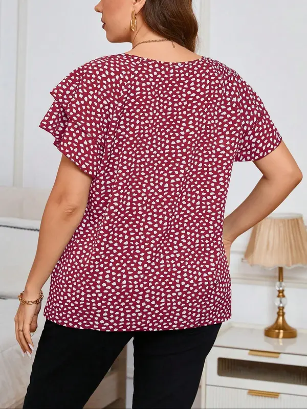 【Plus Size】 All Over Print Layered Sleeve Blouse, Casual Short Sleeve Round Neck Top for Summer, Women's Plus Clothing for Daily Wear 1