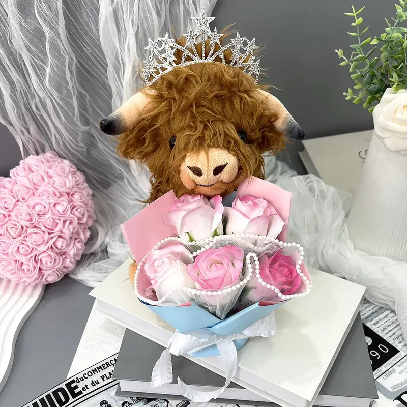 Highland Cow Plush Toy with Artificial Rose Bouquet, 1 Set Cute Plush Toy, Home Decor Ornament, Gift for Your Love 5