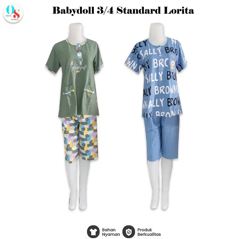 Babydoll -  Baju Tidur Lorita Piyama 3/4 Ukuran Standard Lengan Pendek - Piyama Setelan Wanita Celana Pendek Satin Panjang Katun baju tidur  merk 3