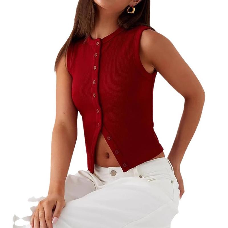 Women's Plain Button Front Ribbed Crop Tank Top, Casual Sleeveless Round Neck Top for Daily Wear, Ladies Clothes for All Seasons, Women's Tops tilly part tube 3