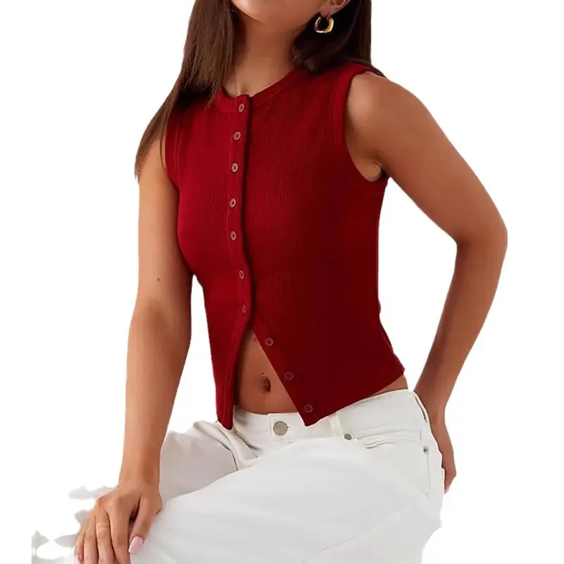 Women's Plain Button Front Ribbed Crop Tank Top, Casual Sleeveless Round Neck Top for Daily Wear, Ladies Clothes for All Seasons, Women's Tops tilly part tube 3