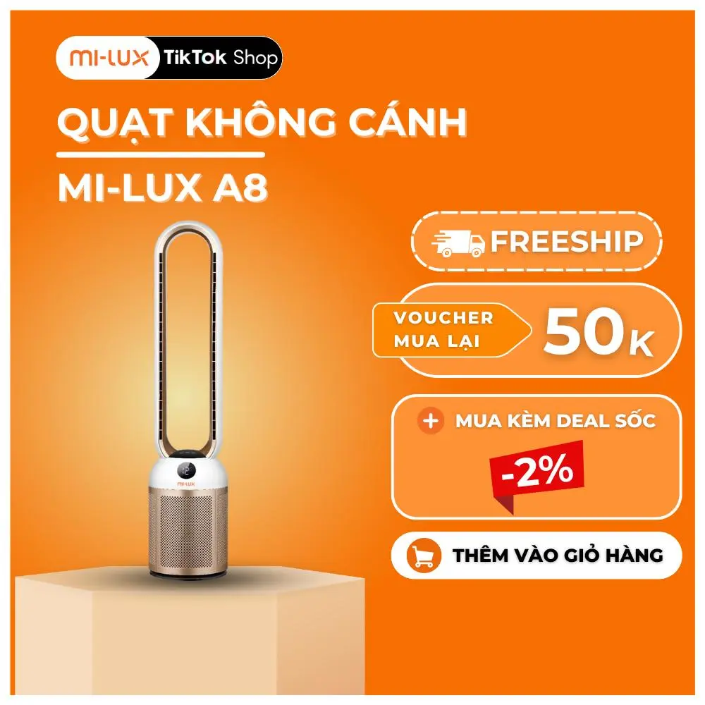 [Chính Hãng] Quạt Không Cánh Cao Cấp Mi-Lux A8 Model 2025 - Quạt không cánh tiên phong sử dụng công nghệ màng lọc Filter Ag+ diệt khuẩn& Khử Mùi Ion, Đèn UV Diệt Khuẩn