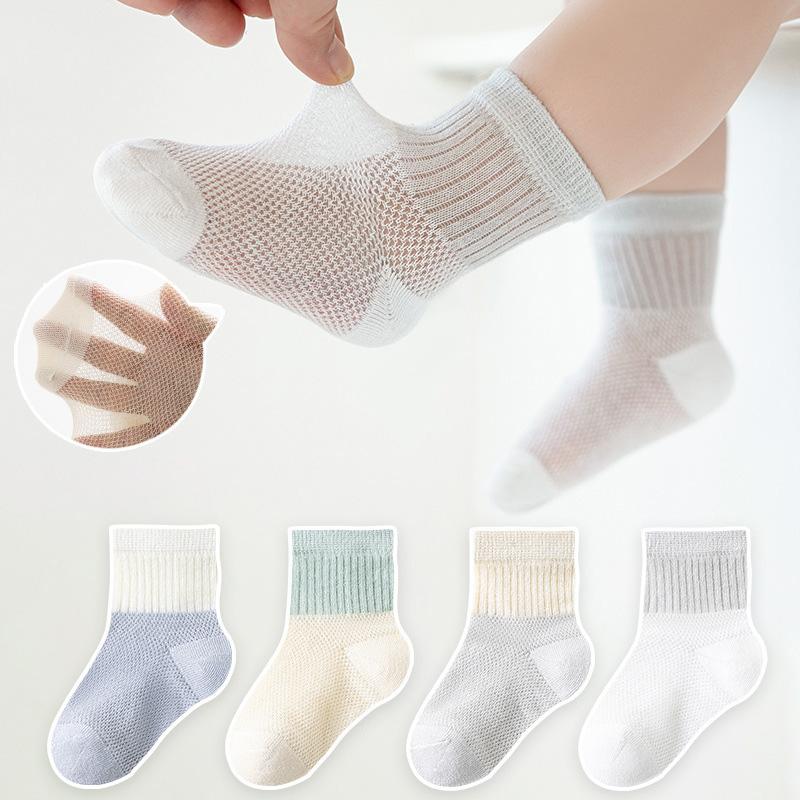 Tất Thoáng Khí Mùa Hè, 4 Đôi, Cho Em Bé Trai Và Bé Gái, Thời Trang, Thiết Kế Chắp Vá, Làm Bằng Bông Sơ Sinh, Tất Ống Giữa, Lưới Mỏng, Thích Hợp Cho Trẻ Em