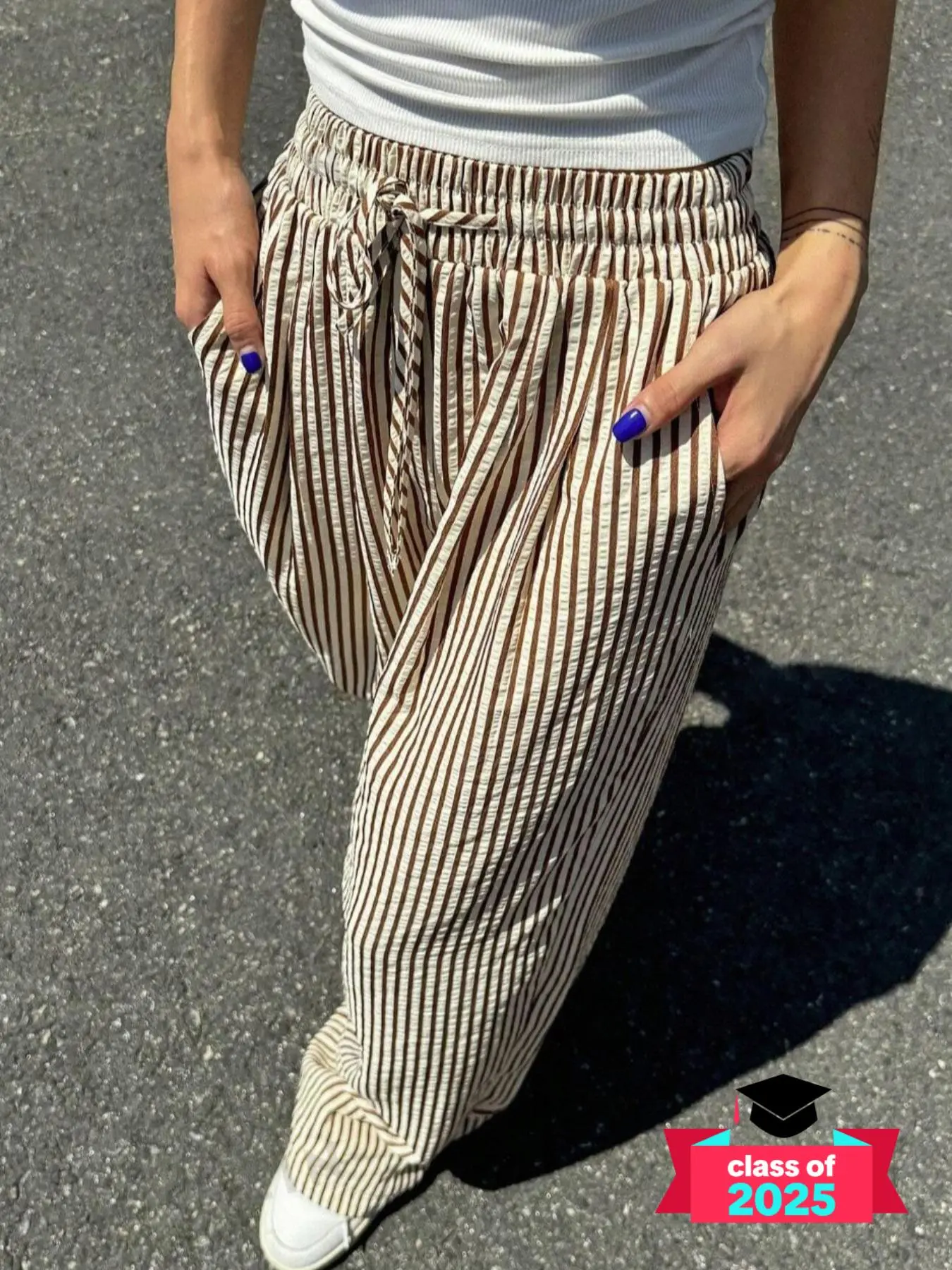 Women's Striped Print Drawstring Waist Wide Leg Pants, Casual Pocket Trousers for Daily Wear, Ladies Bottoms for All Seasons