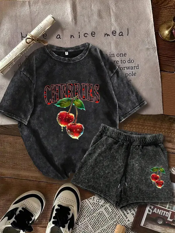 Two-Piece Set Women's Cherry Print Short Sleeve T-shirt & Shorts, Casual Fashion Round Neck Tee & Skinny Shorts for Daily Outdoor Wear, Ladies Summer Clothes, Suits, Womenswear 0