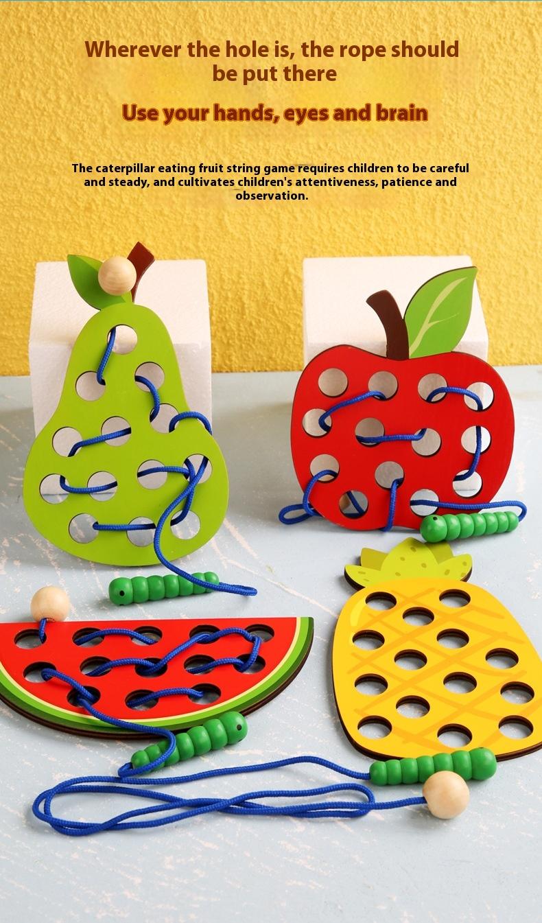 Product Introduction of Wooden Fruit Threading Board Toy Kindergarten Area Put Montessori Early Education String Game 6