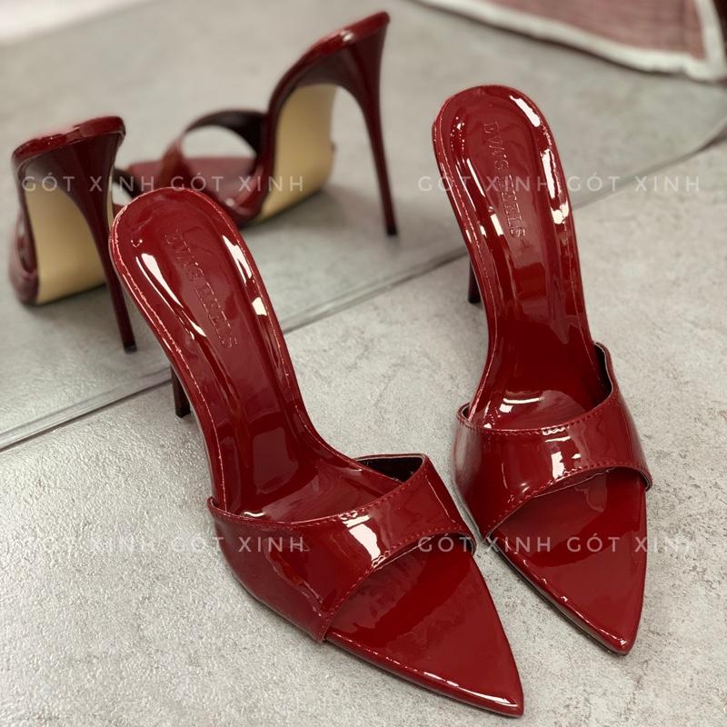 GÓT XINH - Dép cao gót mũi nhọn màu đỏ đô da bóng cao 7 9 10 11 12 phân đỏ giày sandal