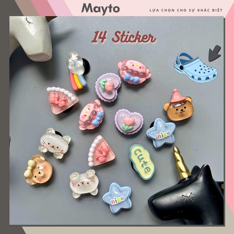 Mayto Bộ 14 Sticker, Charm 3D chủ đề bánh Pizza trong suốt nhựa cứng gắn Dép Sục, Cá Sấu, Sandal JB-14