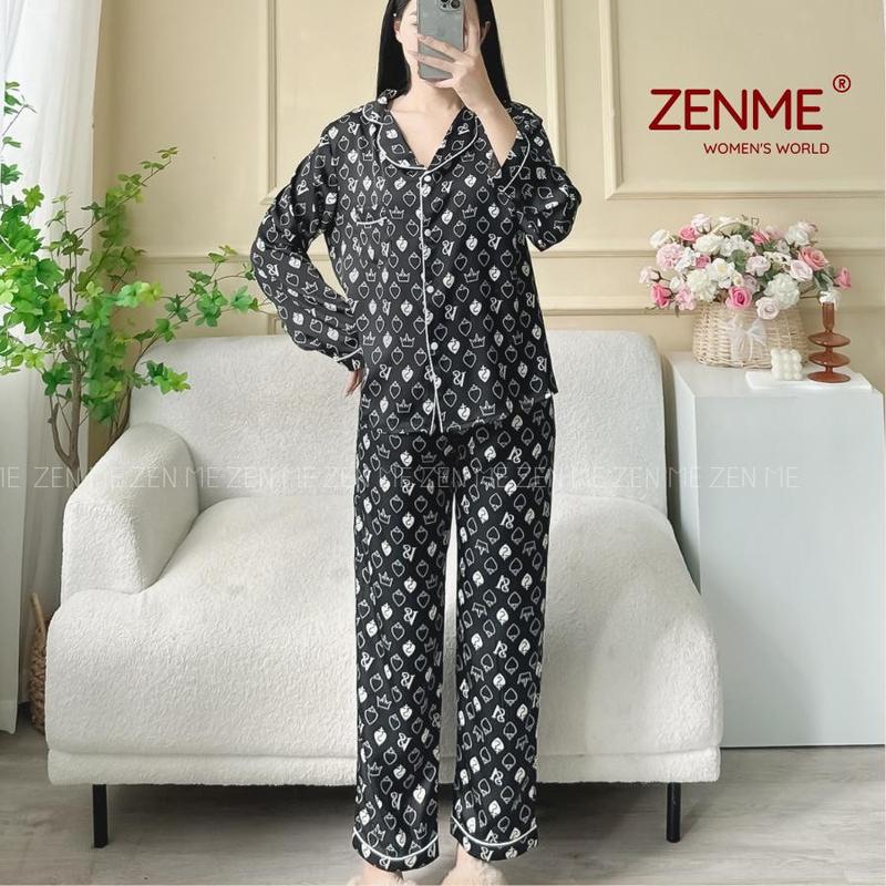 Đồ bộ ngủ lụa Pijama tay dài quần dài lụa latin Việt Nam cao cấp Zen Me Women’s World PJDD1223 Áo Quần Ngủ Nhung Áo