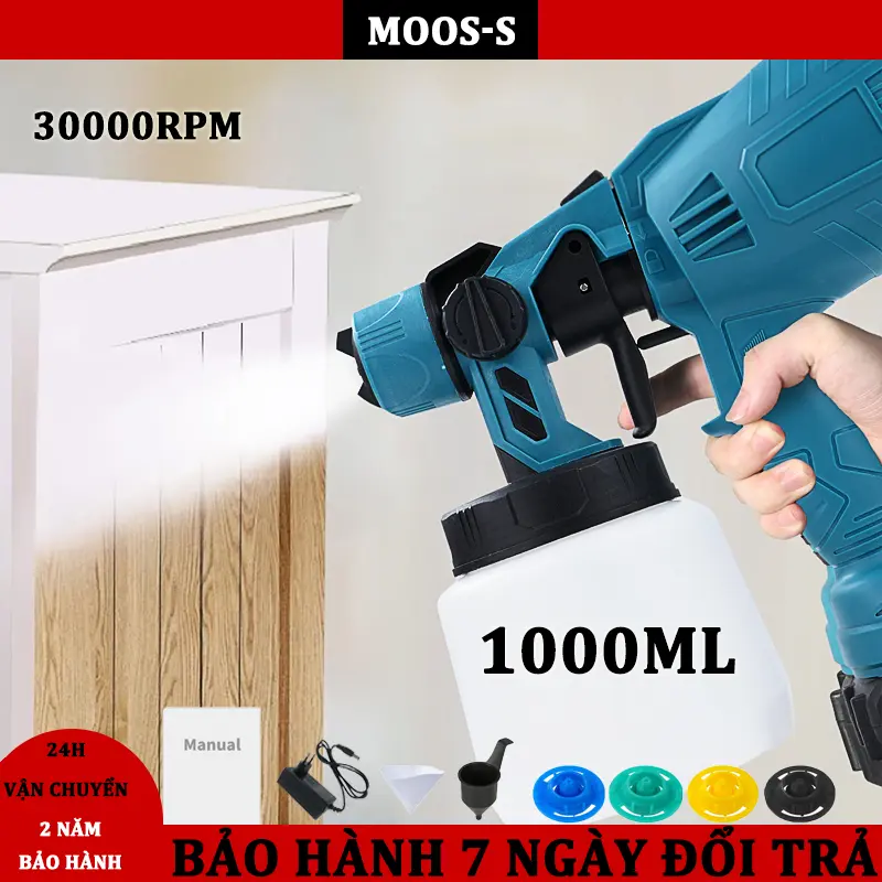 (BH 2 Năm) Máy Phun Sơn Cầm Tay Pin 21V, Bình Phun Sơn 1000ML, Bình Phun Sơn Pin, Dùng Chân Pin Phổ Thông, Sơn PU, Sơn Nước, Sơn Nhà, Gỗ, Kim Loại 0