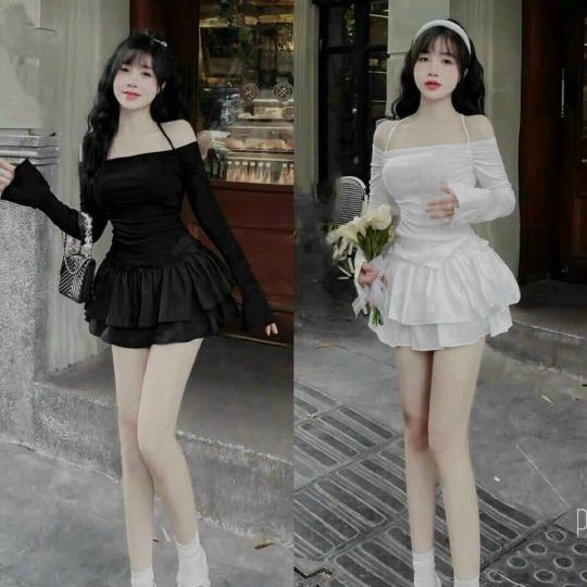 Bộ Áo Gân Tay Dài Trễ Vai Phối Chân Váy Voan Tầng Sang Chảnh Cho Nữ - Women set đầm Top Màu Trắng