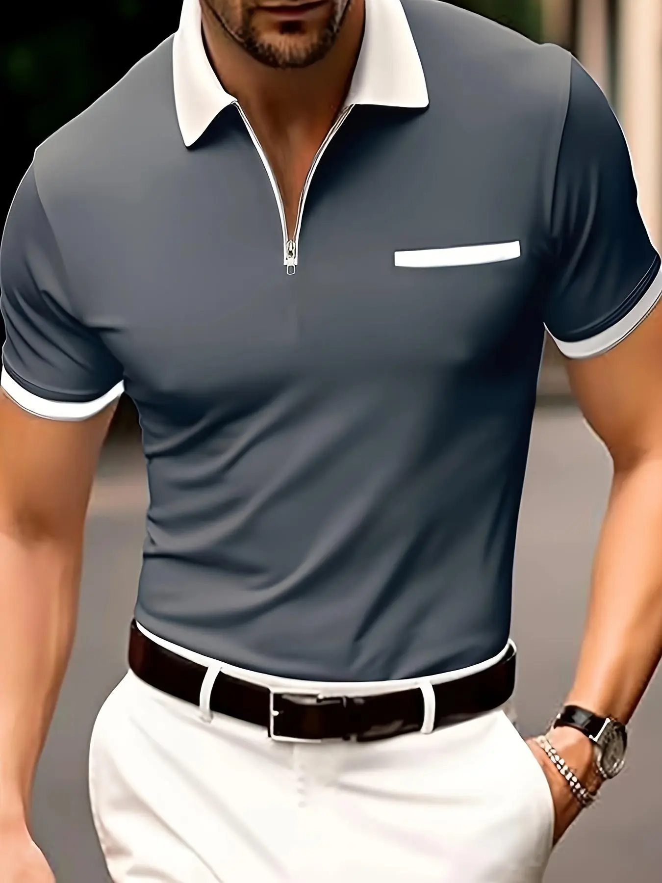 Men's Colorblock Zipper Polo Shirt, Regular Fit Casual Short Sleeve Collared Top for Daily Outdoor Wear, Fashion Men's Clothes for All Seasons