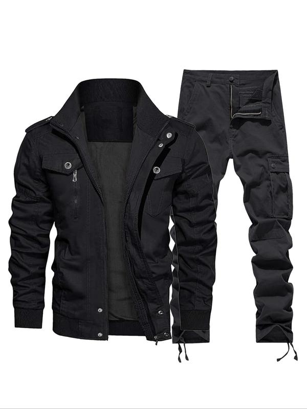 Men's Solid Color Zip Up Jacket & Pants Two-piece Set, Regular Fit Casual Fashion Cozy Breathable Two Piece Outfits for Daily Outdoor Wear, Men Clothes for Spring & Fall, Apparel, Menswear 6
