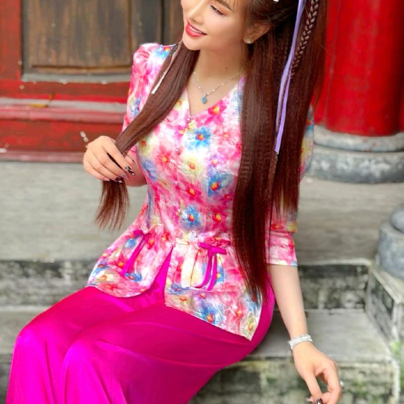 Sét bà ba nữ cách tân túi tiền đính nơ, áo gấm 2da in 4D - Áo nữ - Top, Women-Hoa lá,Chấm bi, Sen 6