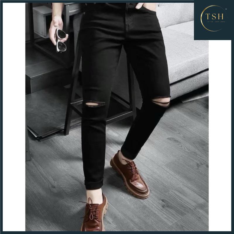 [ TSH ] - Mã Số QJN50 Quần Jean Nam Đen RÁCH GỐI chất liệu jean bò denim co giãn nhẹ như hình,chuẩn from dáng,đủ size có nhiều mẫu mới TSH Menswear Pants Có Túi