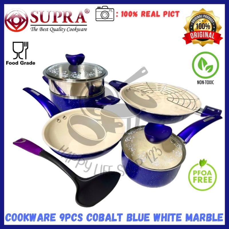 SUPRA Panci 9pcs Set Aluminium White Marble Cobalt Blue / Cookware Set ...