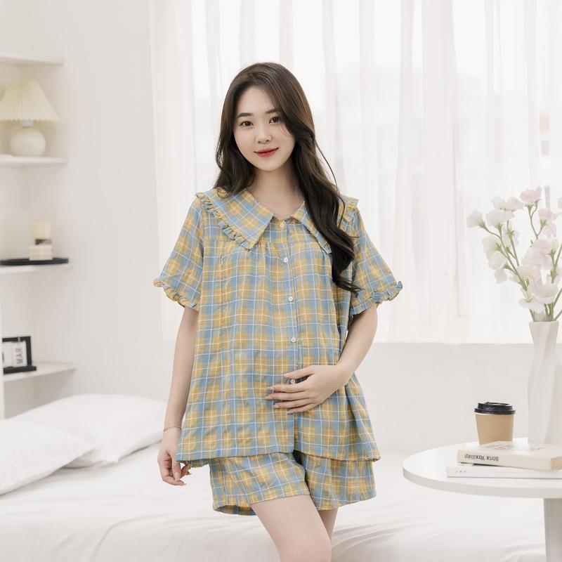 Đồ Bộ Bầu Và Sau Sinh Larosa Cổ Bèo Mẫu Mới 2025 Mặc Nhà Vải Caro Labee Cao Cấp Mềm Mát Thoáng Khí- LR018B Váy Bầu Đầm Bầu