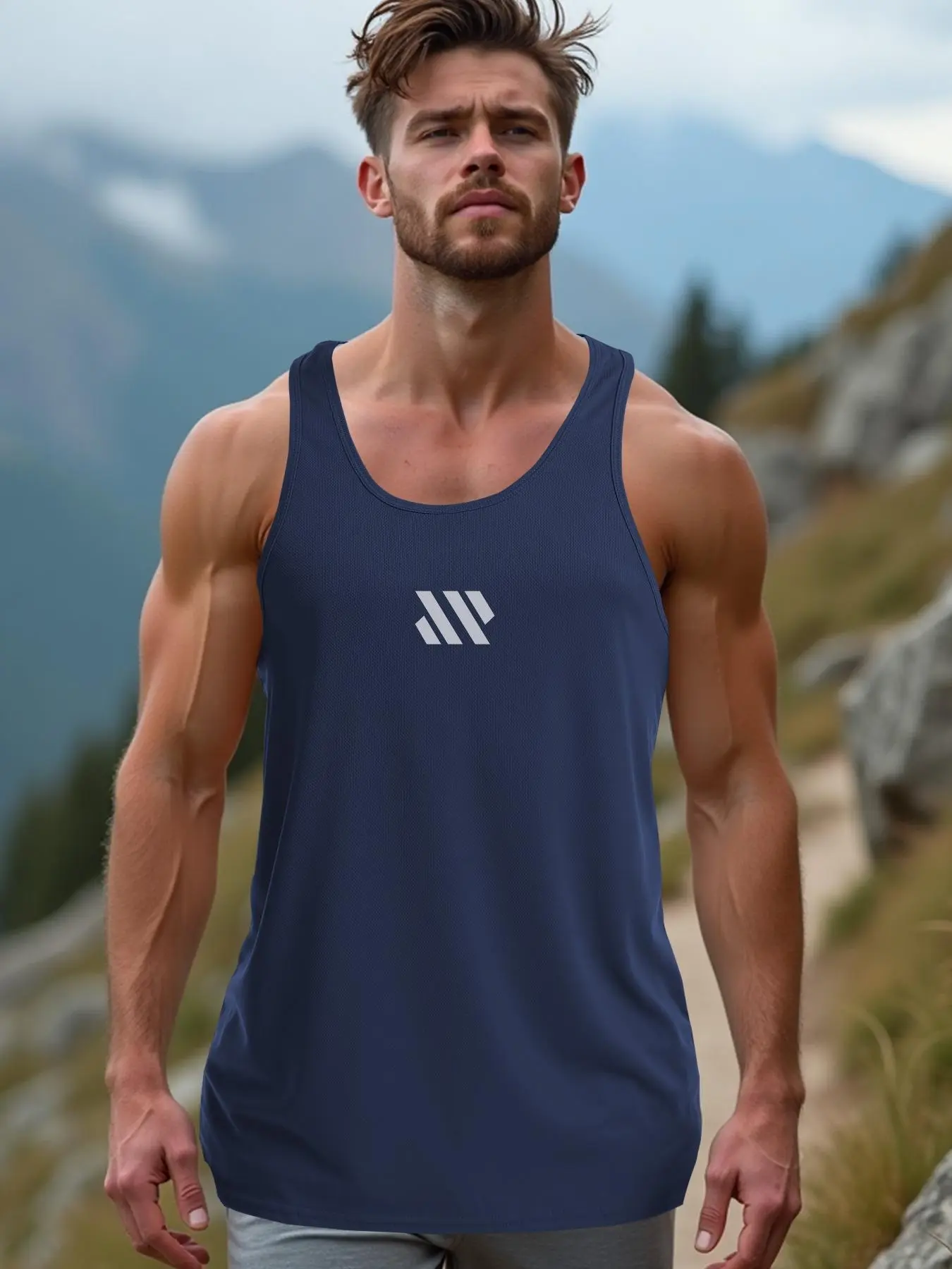 Men's Geometric Print U Neck Sports Tank Top, Sporty Quick Drying Breathable Sleeveless Top for Gym Workout Running, Men's Sportswear for Summer