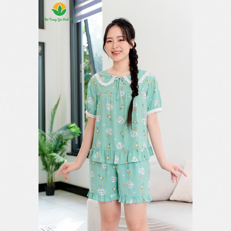 Đồ bộ lanh tole mặc nhà nữ mùa hè quần đùi, áo cộc tay cổ bèo phối ren họa tiết - B03.2402