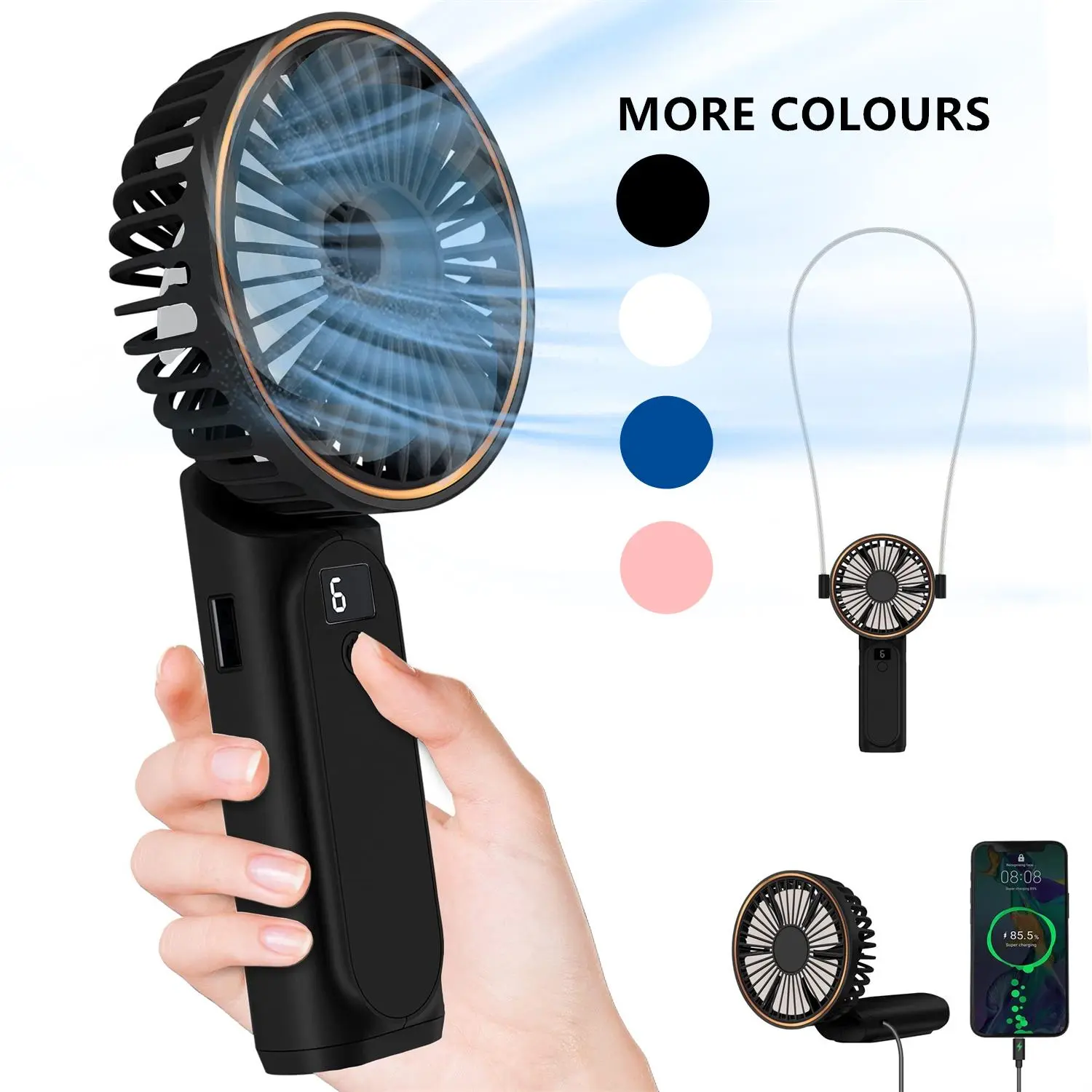 Handheld Fan, USB Rechargeable Foldable Fan with 6 Wind Speeds, Quiet Personal Fan for Home Office Outdoor, Portable Fan