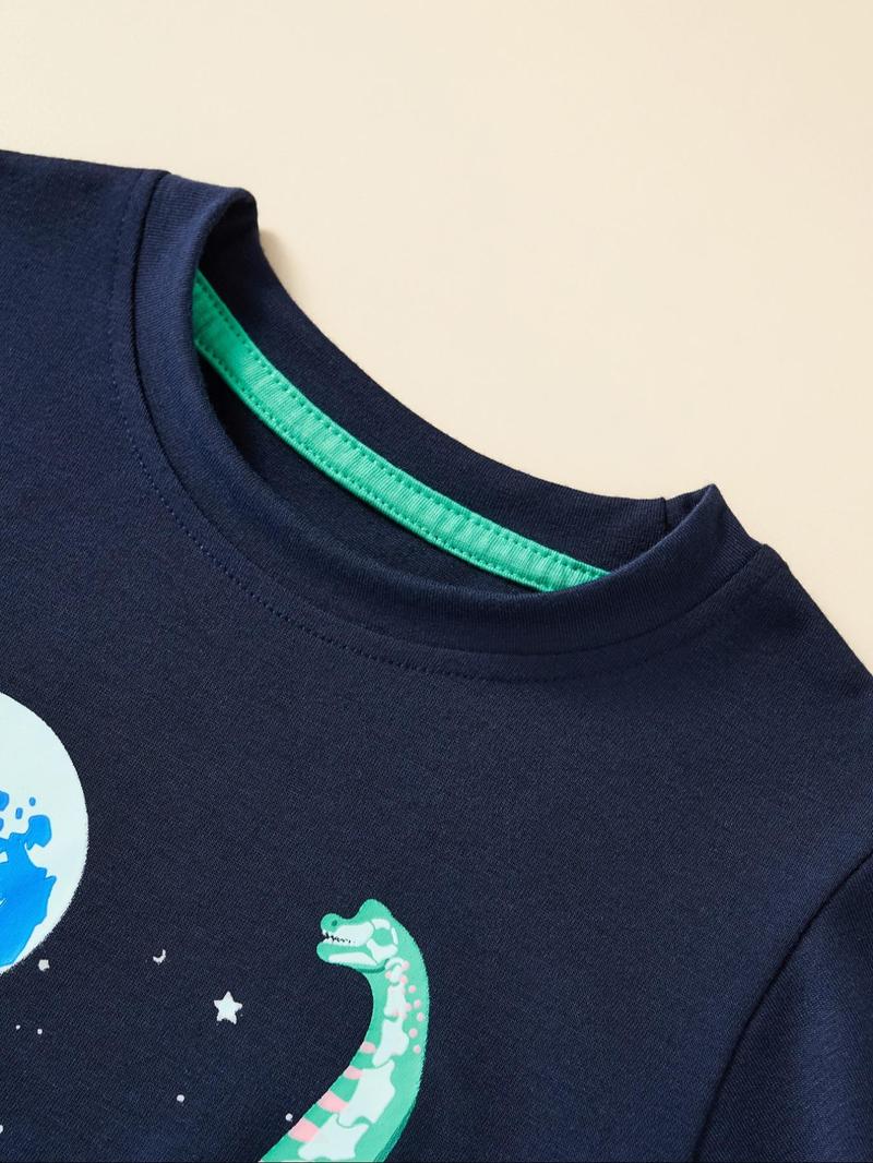 Product Introduction of Toddler Boy's Luminous Reflective Earth & Dinosaur Print Tee, Cute Short Sleeve Crew Neck T-Shirt, Kids Summer Clothes 15
