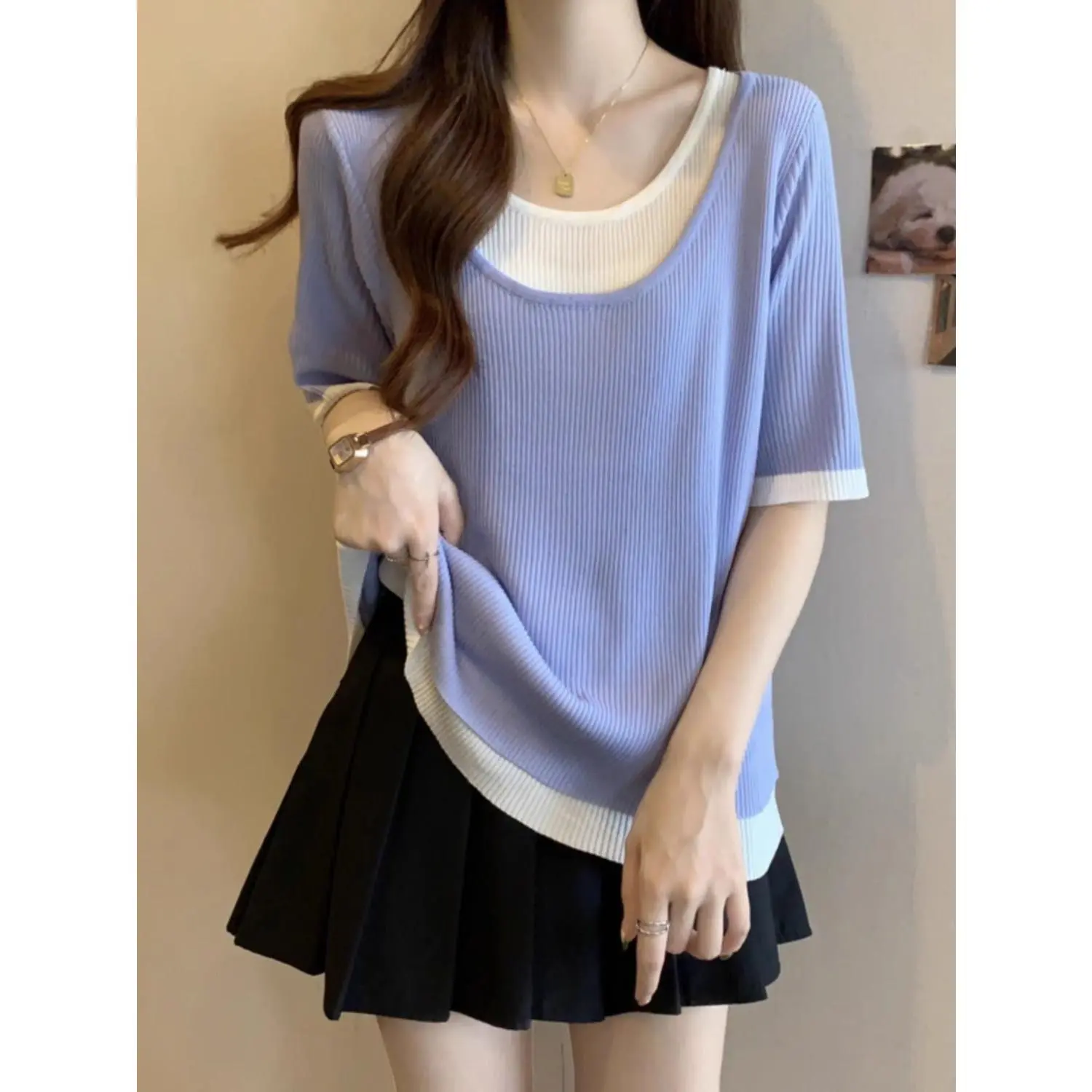 plus Size Women's Summer Fake Two-Piece Design Sense Shoulder Short-Sleeved T-shirt Flab Hiding Versatile Ice Silk Top