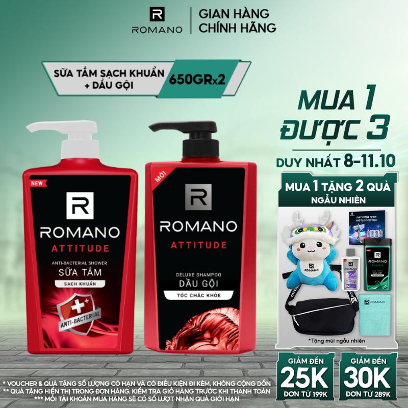 [ĐƠN 199K TẶNG 2 QUÀ] Combo Dầu gội và Sữa tắm sạch khuẩn Romano Attitude 650g/chai