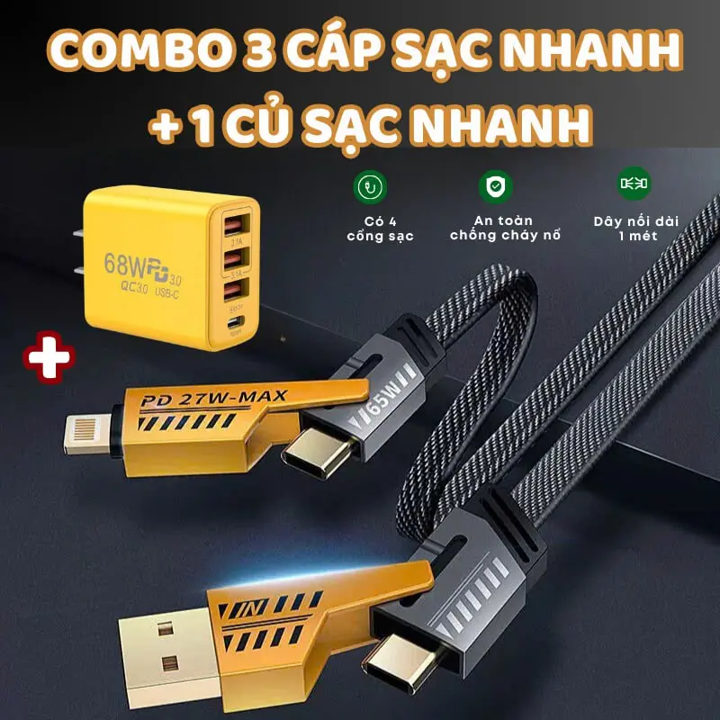 Combo 3 Cáp Sạc Nhanh Kèm 1 Củ Sạc 68W  Đa Năng 0