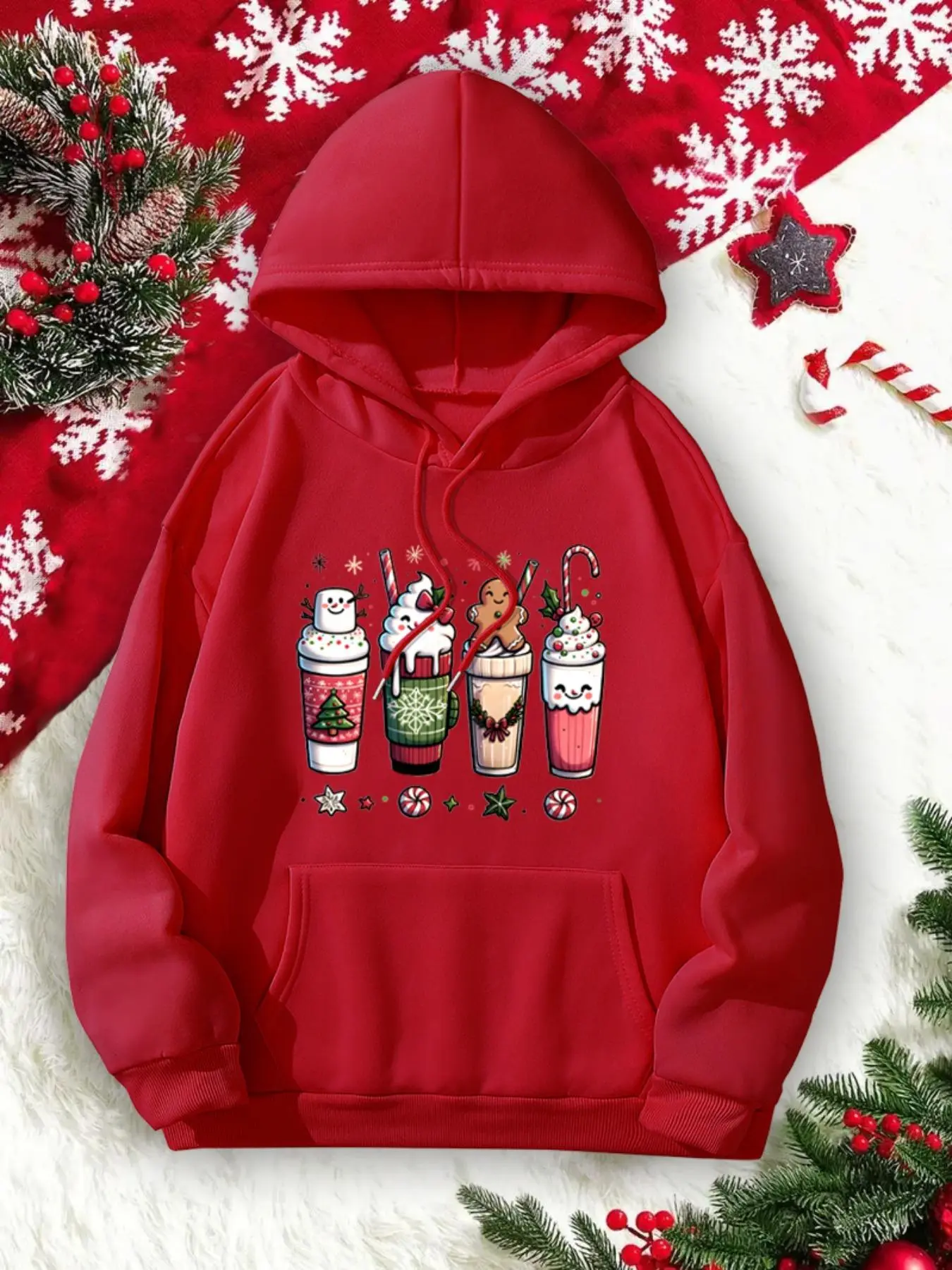 Women's Christmas Ice Cream Print Hoodie, Casual Long Sleeve Hooded Sweatshirt for Daily Wear, Ladies Clothes for All Seasons