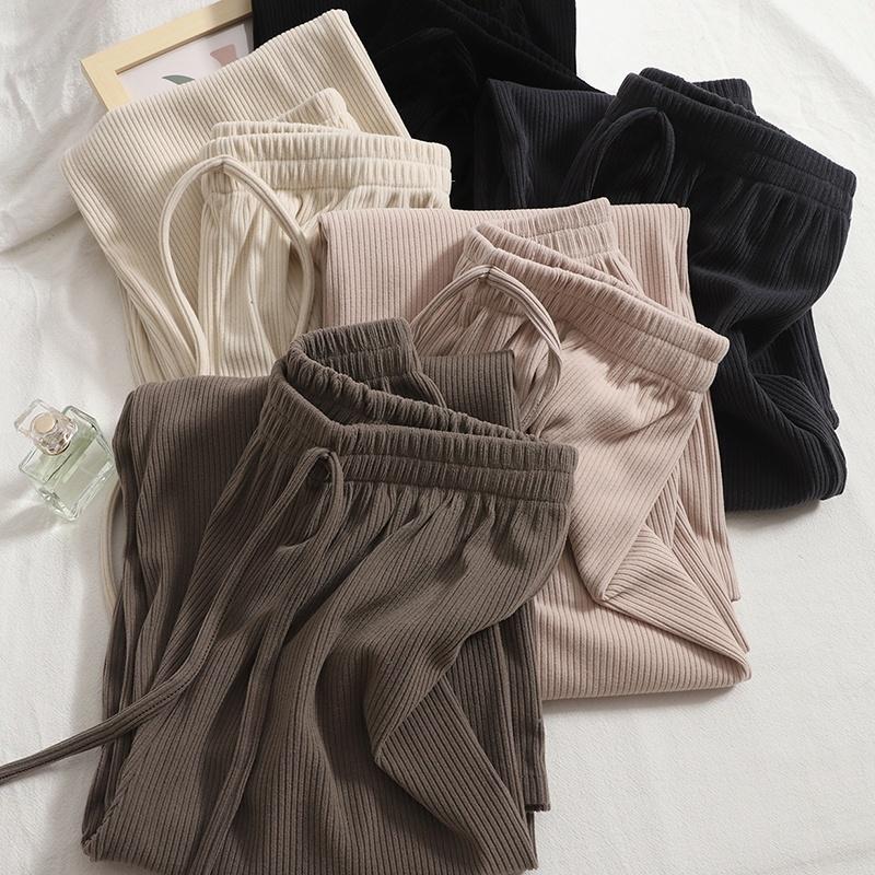 Quần Suông Nữ Dáng Dài Ống Rộng Lưng Cao Thun Gân Tăm Thời Trang 045 Nhung Ong Women Pants Đen 0
