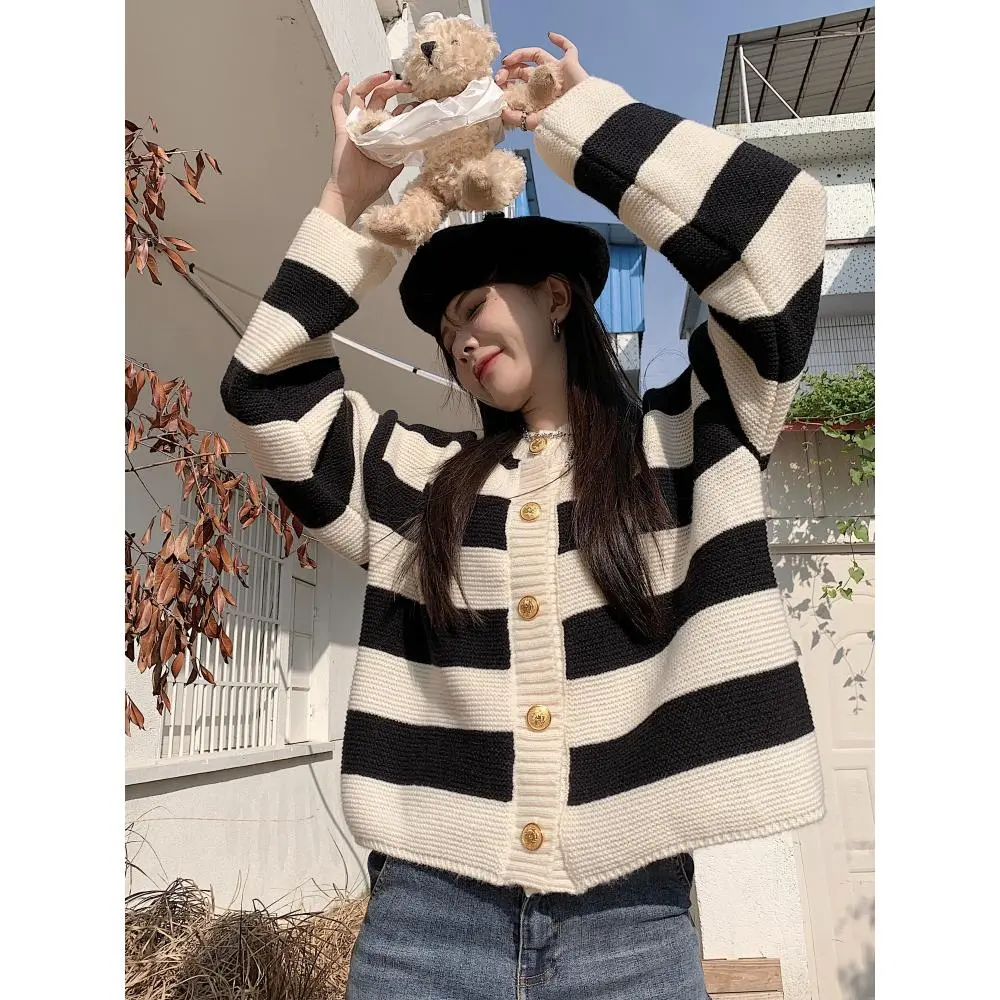 Contrast Color Striped Knitted Cardigan Women's Spring and Autumn Loose Short Outerwear Sweater Coat