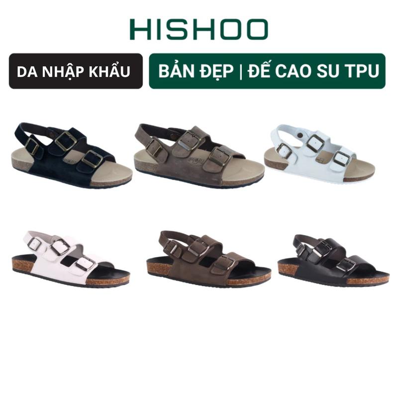 Dép sandal đế trấu birken nam nữ unisex 2 khóa da bò size 35 - 43 chính hãng Hishoo quai hậu M102 Đế Bằng DéP