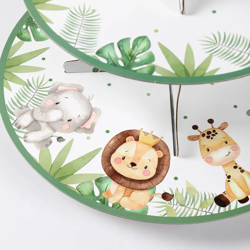 Cartoon Jungle Animal & Plant Pattern Cake Stand, 1 Count Round Cake Display Stand, Cake Decorating Supplies for Home Party Wedding 6