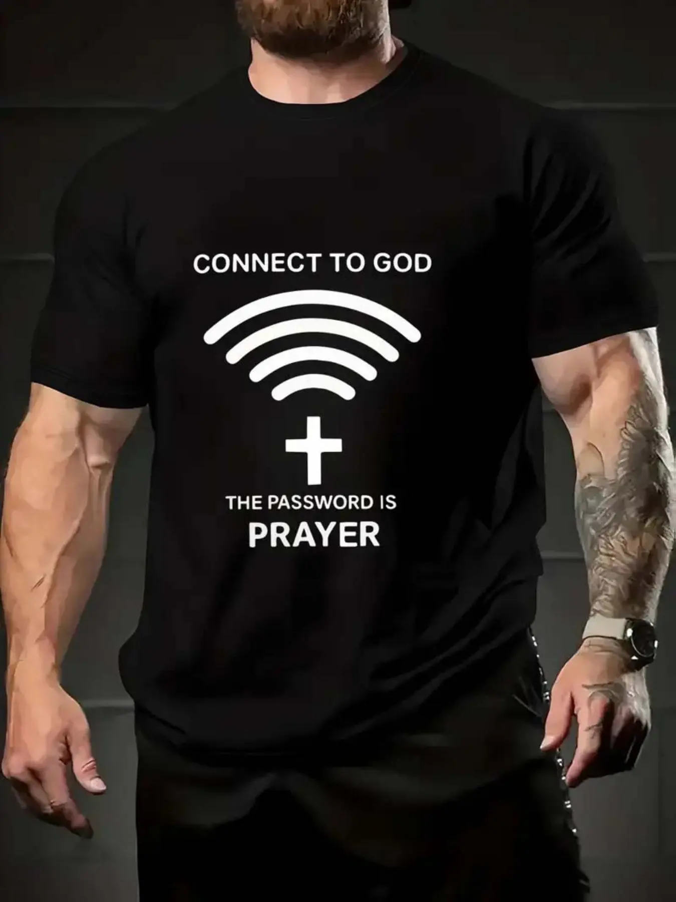 Men's Letter & Cross Print Round Neck Tee, Regular Fit Casual Short Sleeve T-shirt, Men's Summer Top for Daily Wear