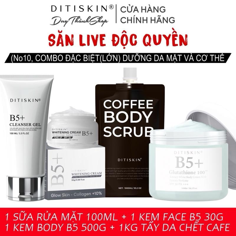 COMBO SĂN LIVE ĐẶC BIỆT LỚN No10 COMBO DƯỠNG TRẮNG DA TOÀN THÂN GỒM 1 KEM FACE B5 30G 1 SỮA RỬA MẶT B5 100ML 1 KEM BODY B5 500G 1 TÚI TBC CAFE 1KG