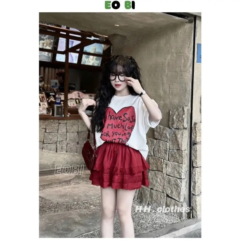 Set áo thun tim chữ mix chân váy xếp ly đỏ viền ren siêu xinh mặc hè cực đẹp - EOBI 4