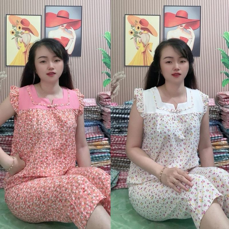  T69  40-80KG  Đồ bộ quần lửng lụa 7 tấc quần CÓ TÚI in hoa nhí ngẫu nhiên Women Quần Ngủ Sen Nhung Áo 
