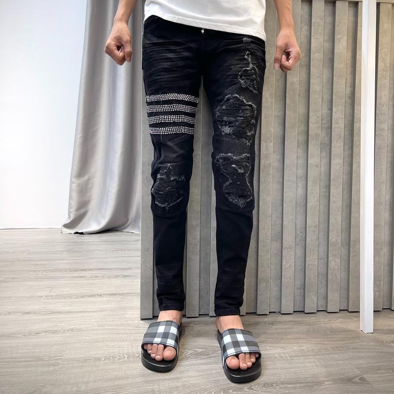 Quần ami đen xám vá da thêu 4 viền đá dây kim cương hostt tren